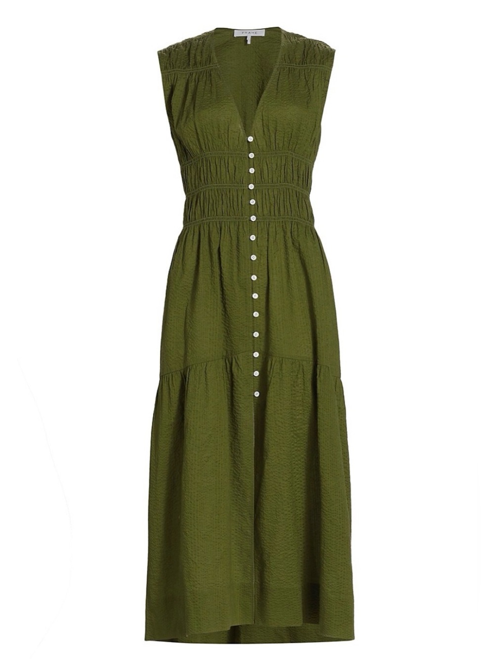 Frame Ruched V-neck Smocked Midi Dress Pima Cotton Green XS